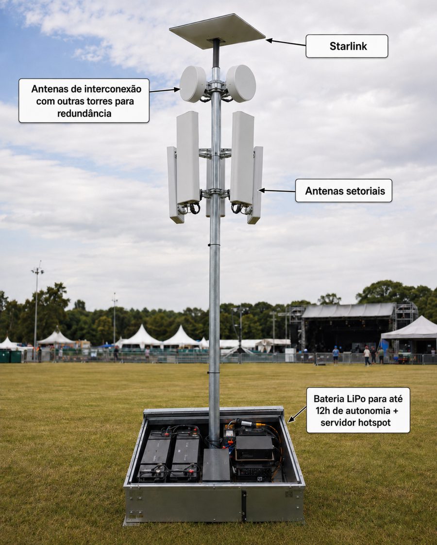 Torre de internet do OffFilas montada em evento: antena Starlink no topo, antenas de interconexão para redundância, antenas setoriais e base com bateria LiPo de 12 horas e servidor hotspot